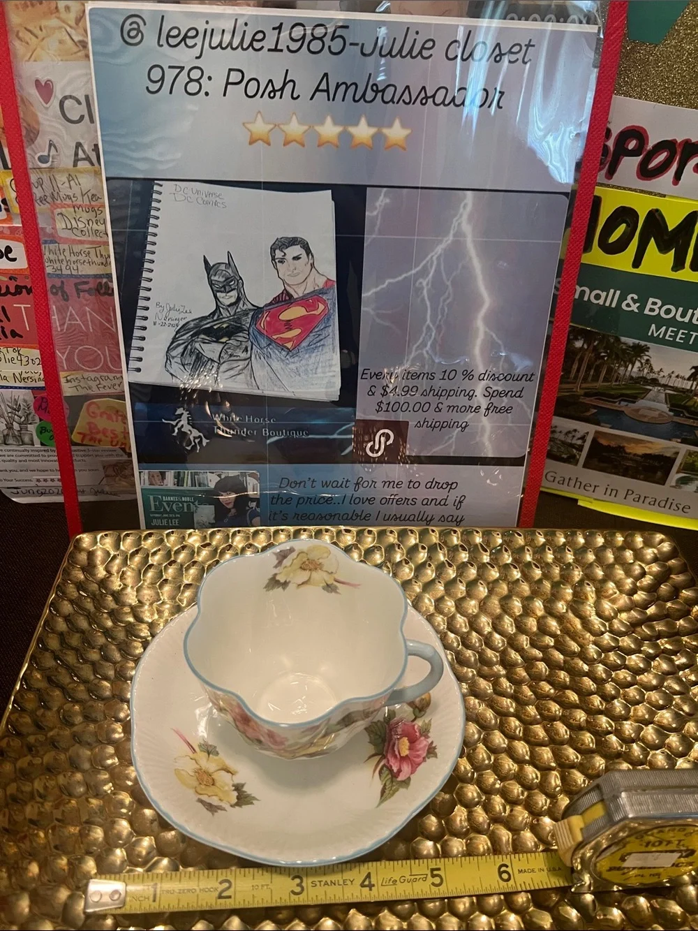 Floral Porcelain Teacup and Saucer in White with Blue Trim